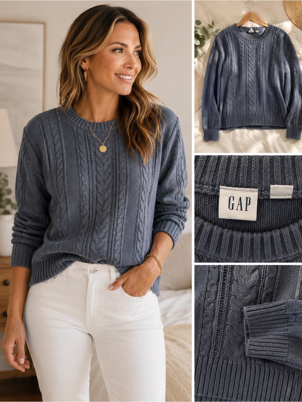Vintage Y2K Gap Cable Knit Sweater Blue Gray Chunky Fisherman Knit Minimalist
